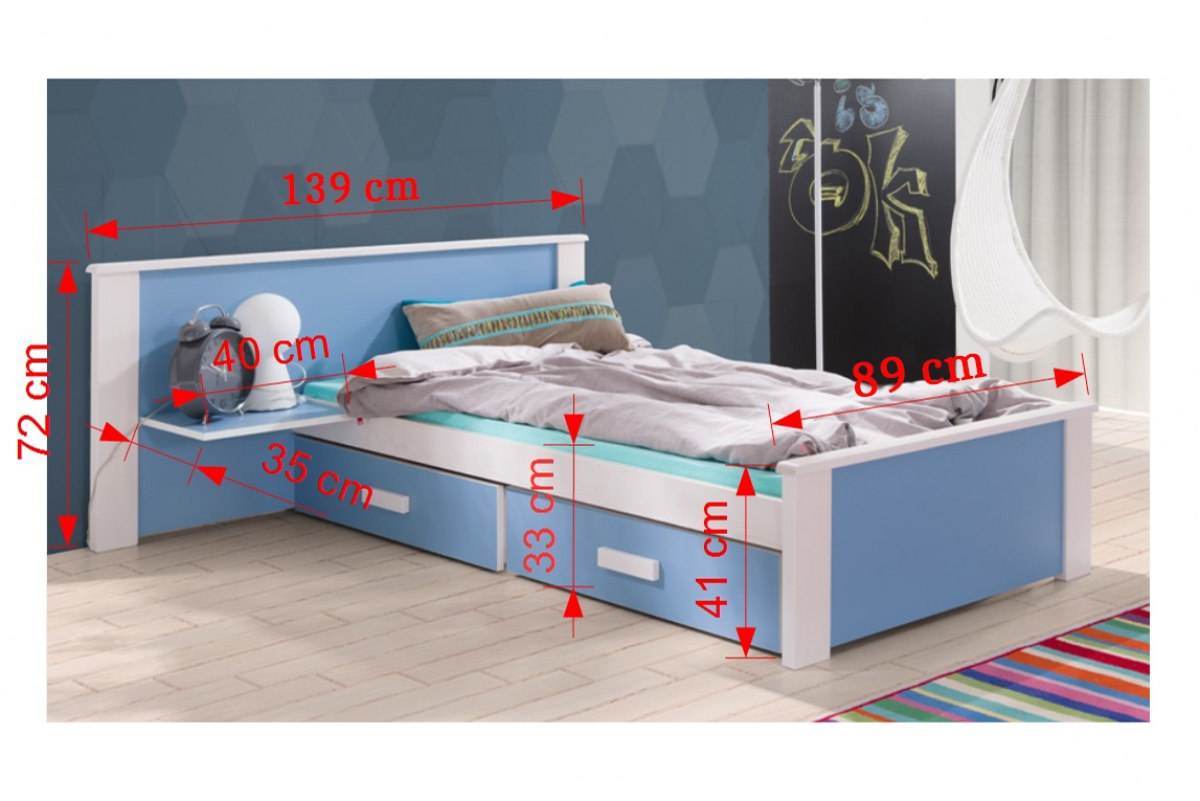 Łóżko dziecięce parterowe Puttio II - biały akryl + dąb sonoma, 80x180  Łóżko dziecięce parterowe Puttio II - wymiary