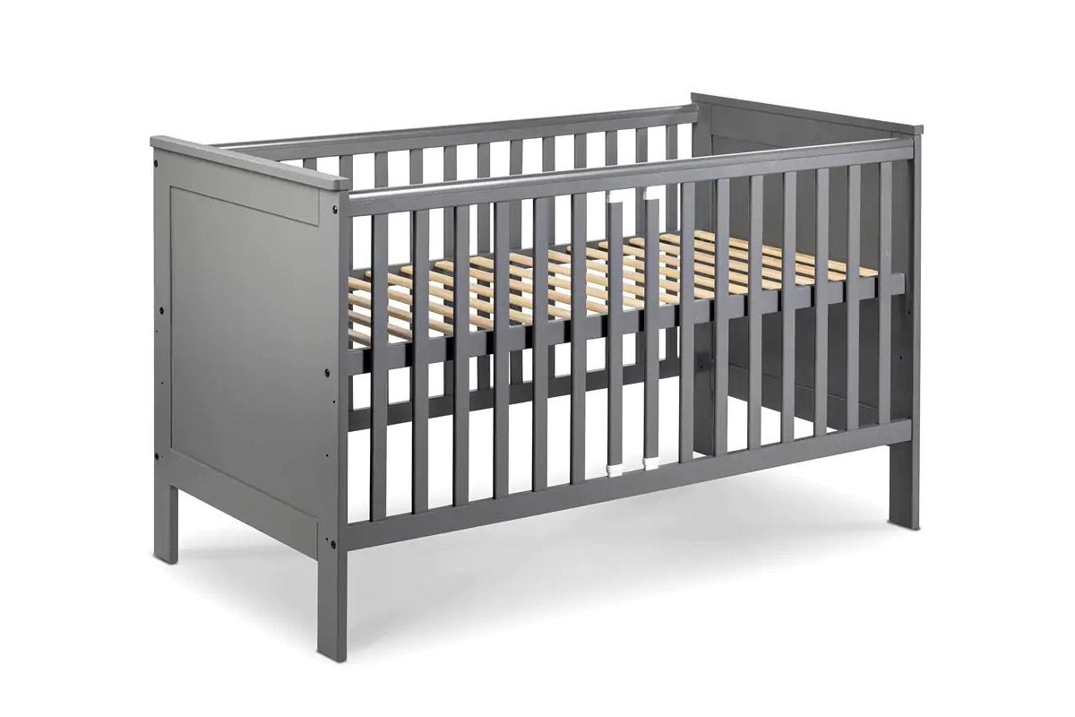 Drewniane łóżeczko dla niemowlaka z barierką Iwo - grafit, 140x70 szare łóżeczko niemowlęce 