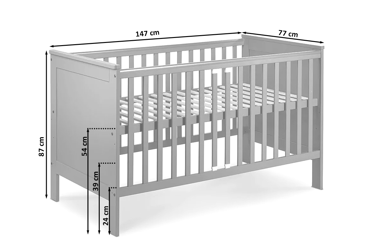 Drewniane łóżeczko dla niemowlaka z barierką Iwo - biały, 140x70 Drewniane łóżeczko niemowlęce Iwo - wymiary 