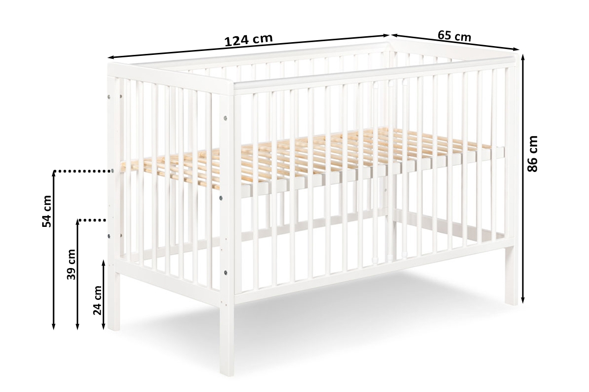 Drewniane łóżeczko dla niemowlaka z barierką Timi - biały/sosna, 120x60 Drewniane łóżeczko dla niemowlaka z barierką Timi - wymiary