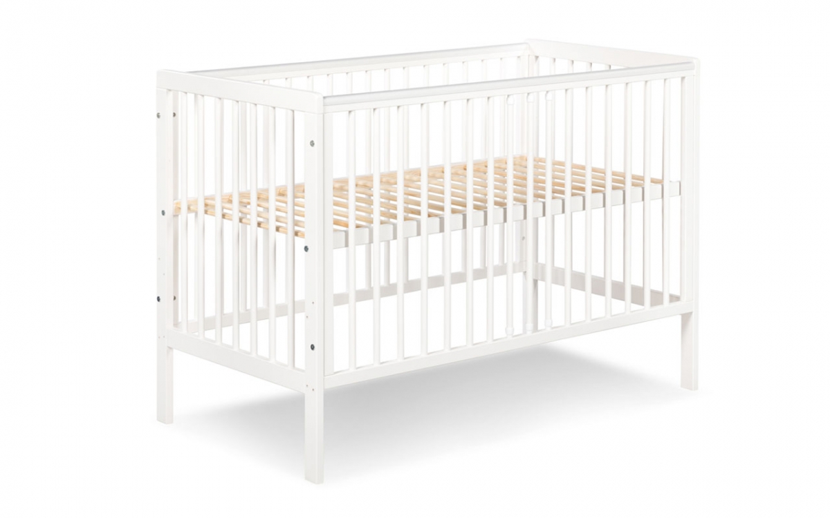 Drewniane łóżeczko dla niemowlaka z barierką Timi - biały, 120x60 białe łóżeczko z regulacją stelaża  