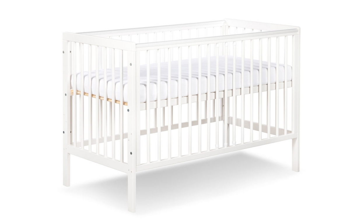 Drewniane łóżeczko dla niemowlaka z barierką Timi - biały, 120x60 białe łóżeczko niemowlęce  