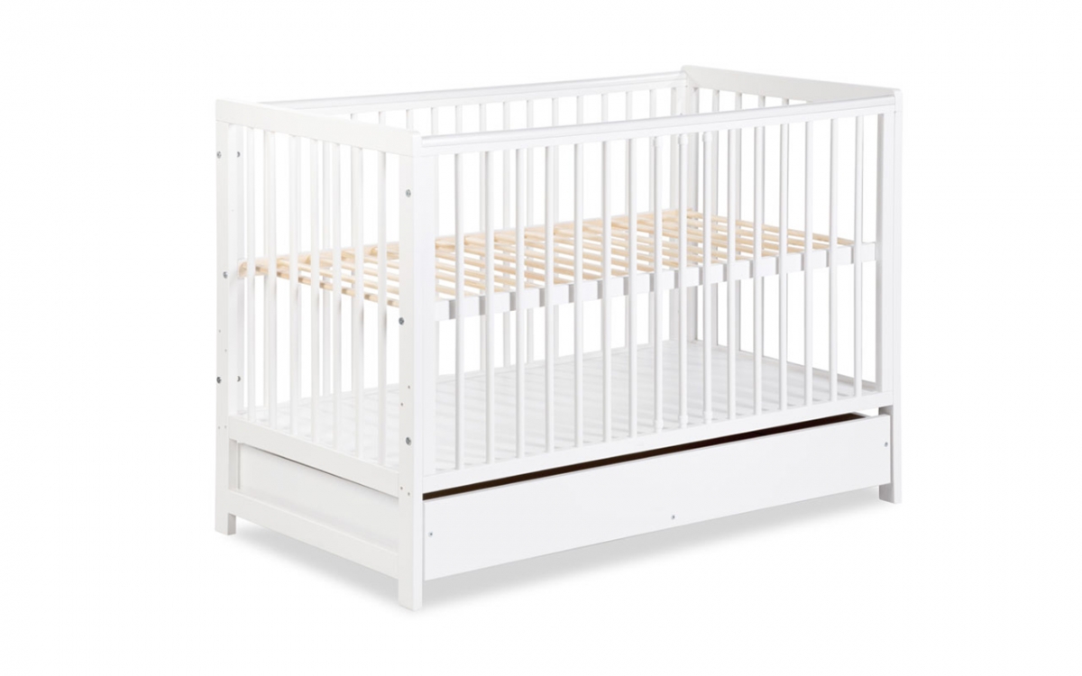 Drewniane łóżeczko dla niemowlaka z szufladą i barierką Timi - biały, 120x60 białe łóżeczko niemowlęce z szufladą  