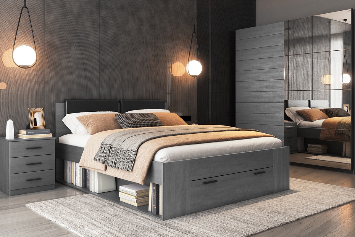 Łóżko 140x200 z tapicerowanym wezgłowiem Galaxy 50 - dąb carbon grafotowe łóżko do sypialni