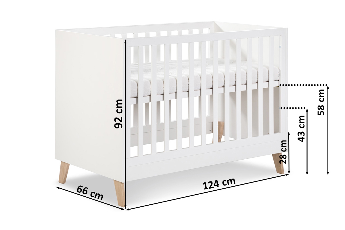 Drewniane łóżeczko dla niemowlaka z szufladą i barierką Noah - biały/dąb, 120x60 Drewniane łóżeczko dla niemowlaka z szufladą i barierką Noah - wymiar