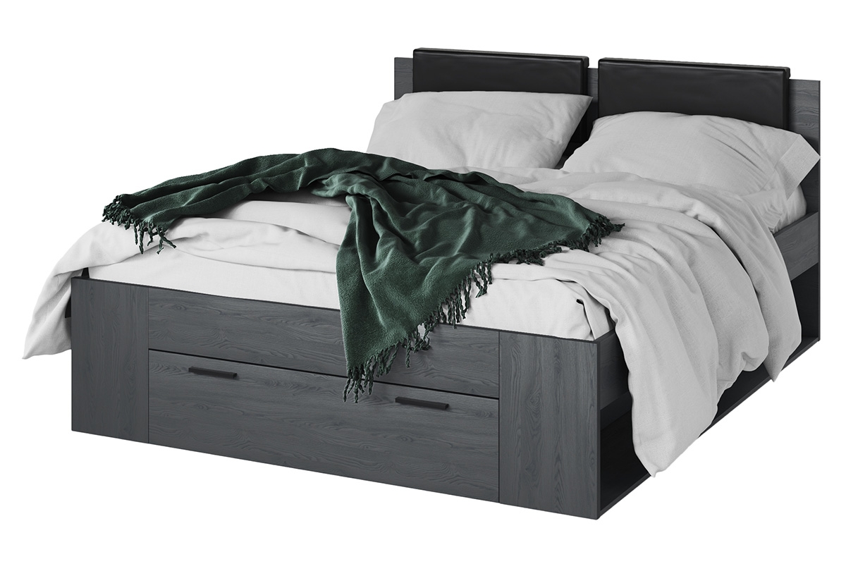 Łóżko 160x200 z tapicerowanym wezgłowiem Galaxy 51 - dąb carbon grafitowe łóżko z szufladą