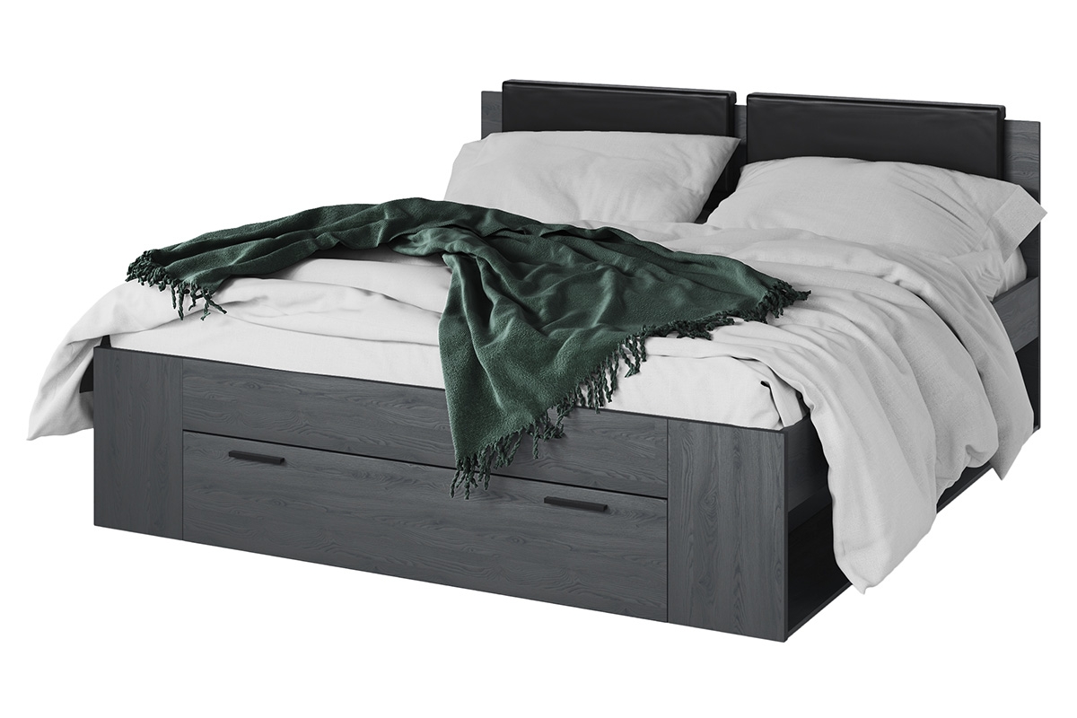 Łóżko 180x200 z tapicerowanym zagłowiem Galaxy 52 - dąb carbon grafitowe łóżko z szufladą