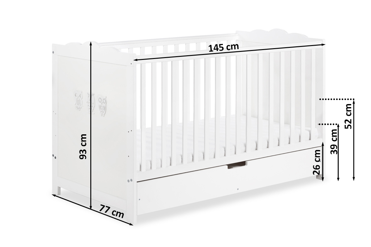 Drewniane łóżeczko dla niemowlaka z szufladą i barierką Marsell - biały, 140x70 Drewniane łóżeczko dla niemowlaka z szufladą i barierką Marsell - biały, 140x70 