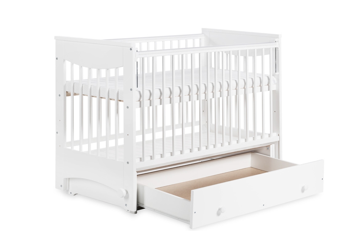 Drewniane łóżeczko dla niemowlaka z funkcją kołyski Luna - biały, 120x60 łóżeczko z szufladą  