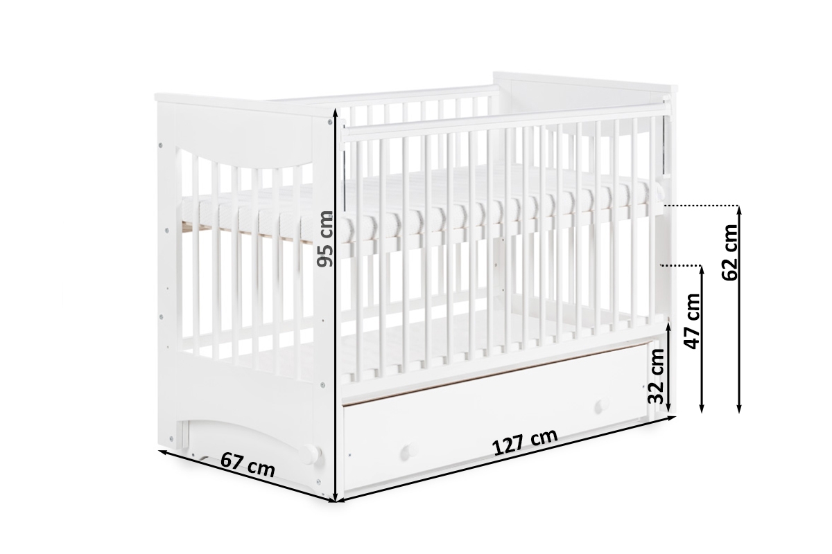 Drewniane łóżeczko dla niemowlaka z funkcją kołyski Luna - biały, 120x60 Drewniane łóżeczko dla niemowlaka Luna - wymiary