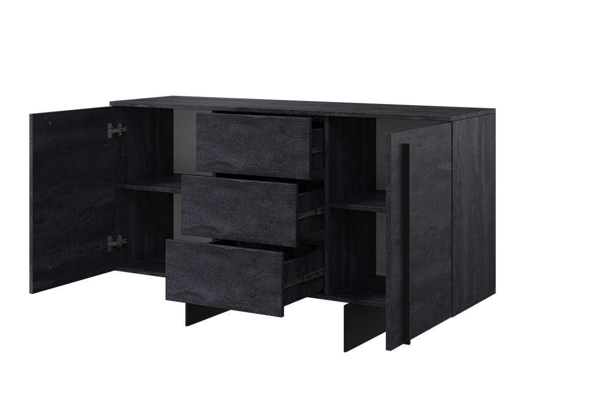 Dwudrzwiowa komoda Larena z szufladami 150 cm - czarny beton / czarne nóżki czarna komoda z szufladami