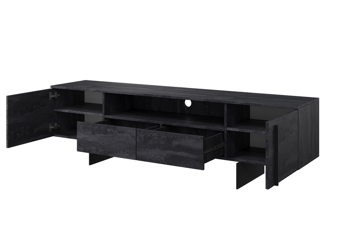 Dwudrzwiowa szafka RTV Larena z szufladami i metalowymi nogami 200 cm - czarny beton / czarne nóżki czarna szafka rtv do salonu