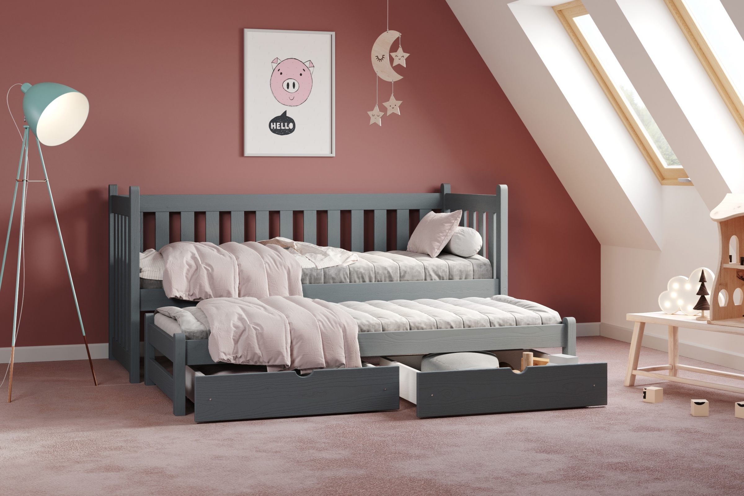 Łóżko parterowe wysuwane Swen z szufladami - grafit, 80x200 Łóżko parterowe wysuwane Swen - kolor Grafit - aranżacja