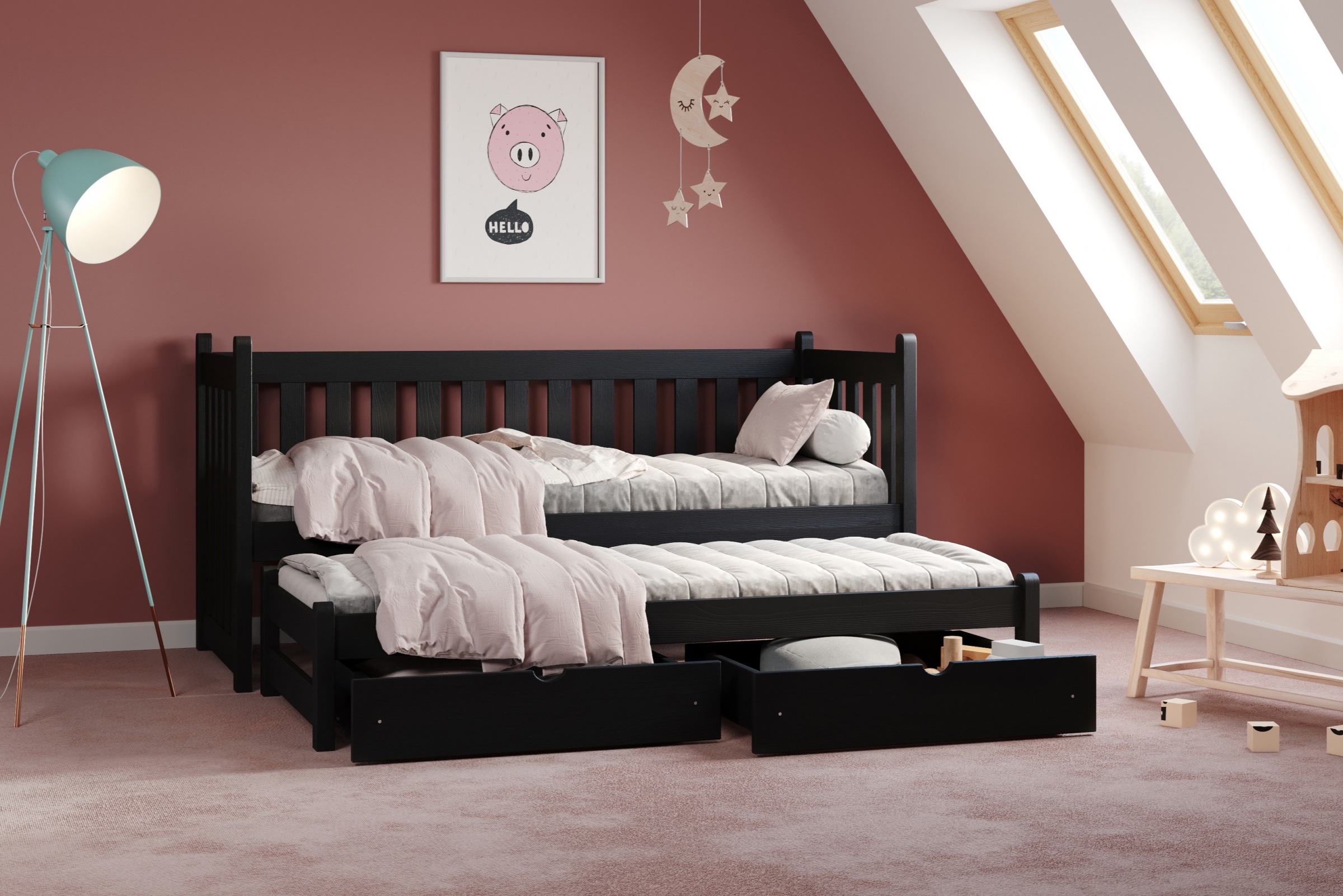 Łóżko parterowe wysuwane Swen z szufladami - czarny, 80x180 Łóżko parterowe wysuwane Swen - kolor Czarny - aranżacja