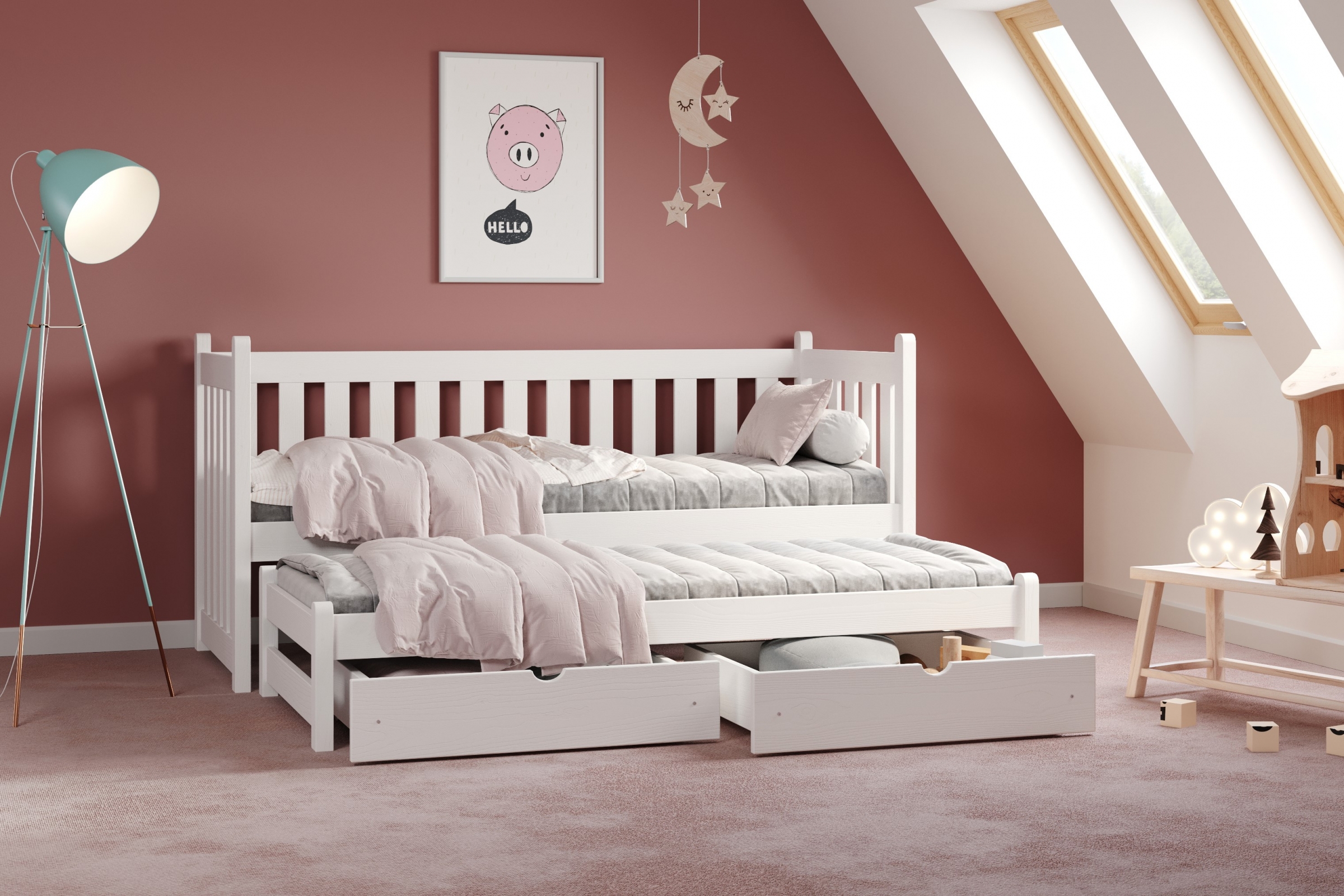 Łóżko parterowe wysuwane Swen z szufladami - biały, 80x200 Łóżko parterowe wysuwane Swen - kolor Biały - aranżacja
