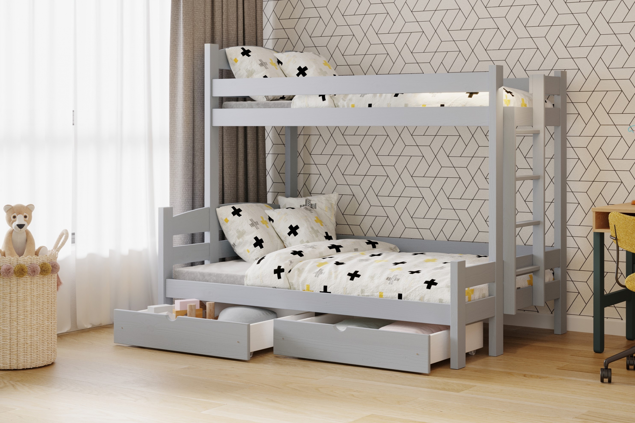 Łóżko piętrowe z szufladami Lovic lewostronne - szary, 80x200/120x200  Łóżko piętrowe z szufladami Lovic - szary - aranżacja