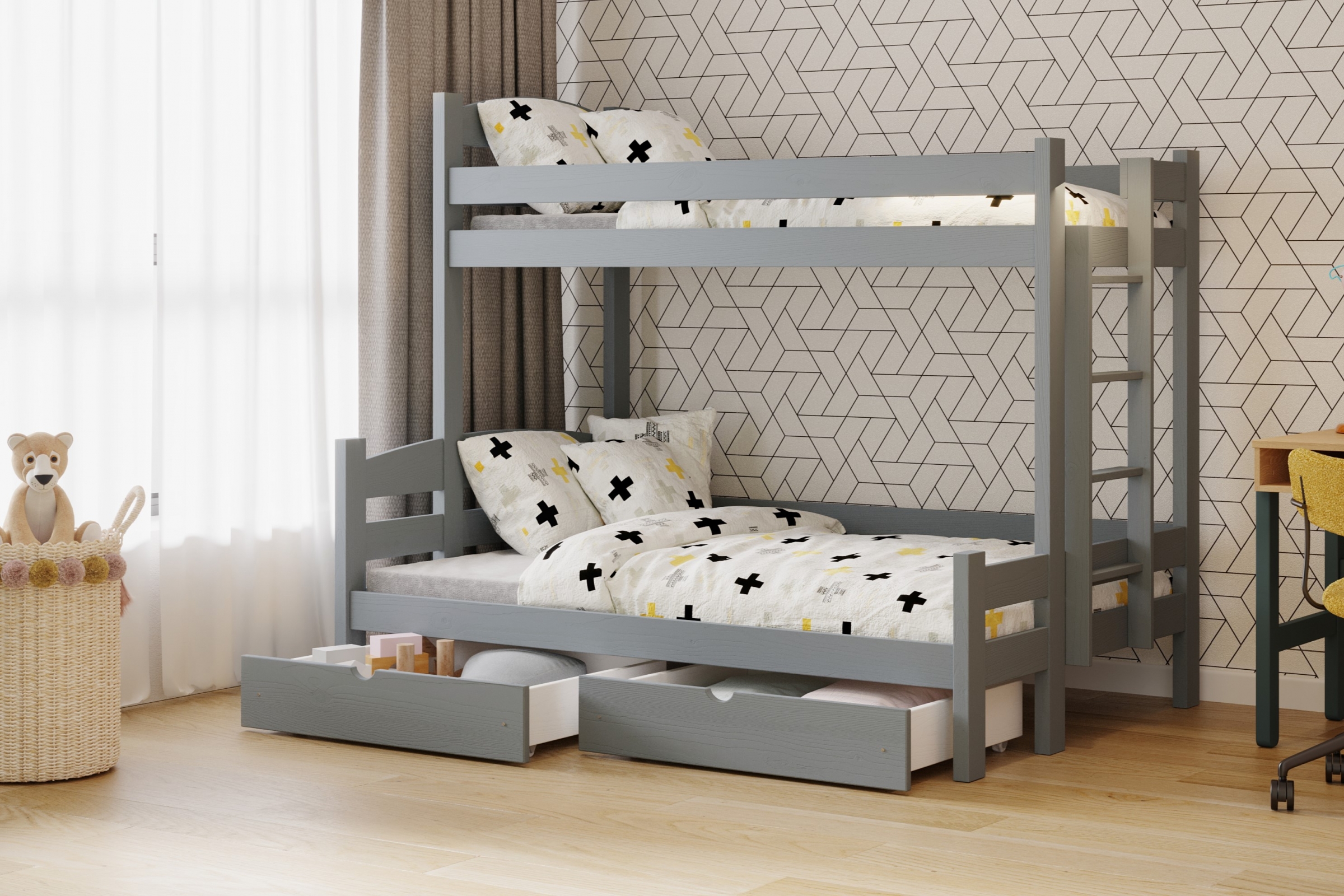 Łóżko piętrowe z szufladami Lovic lewostronne - grafit, 80x200/120x200  Łóżko piętrowe z szufladami Lovic - grafit - aranżacja