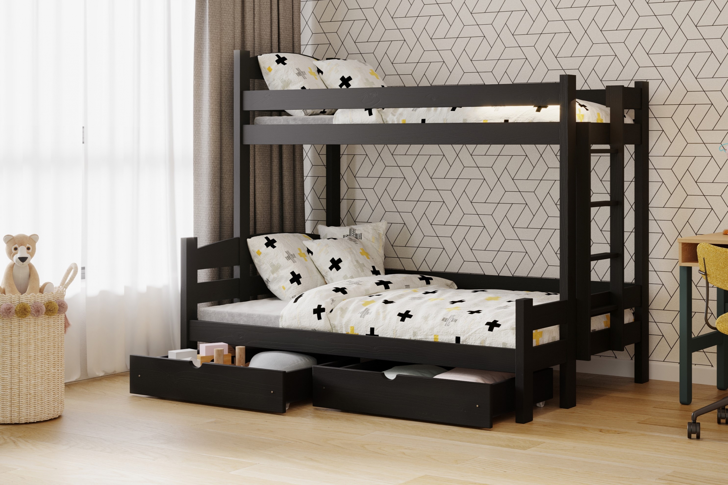Łóżko piętrowe z szufladami Lovic prawostronne - czarny, 90x200/120x200  Łóżko piętrowe z szufladami Lovic - czarny - aranżacja