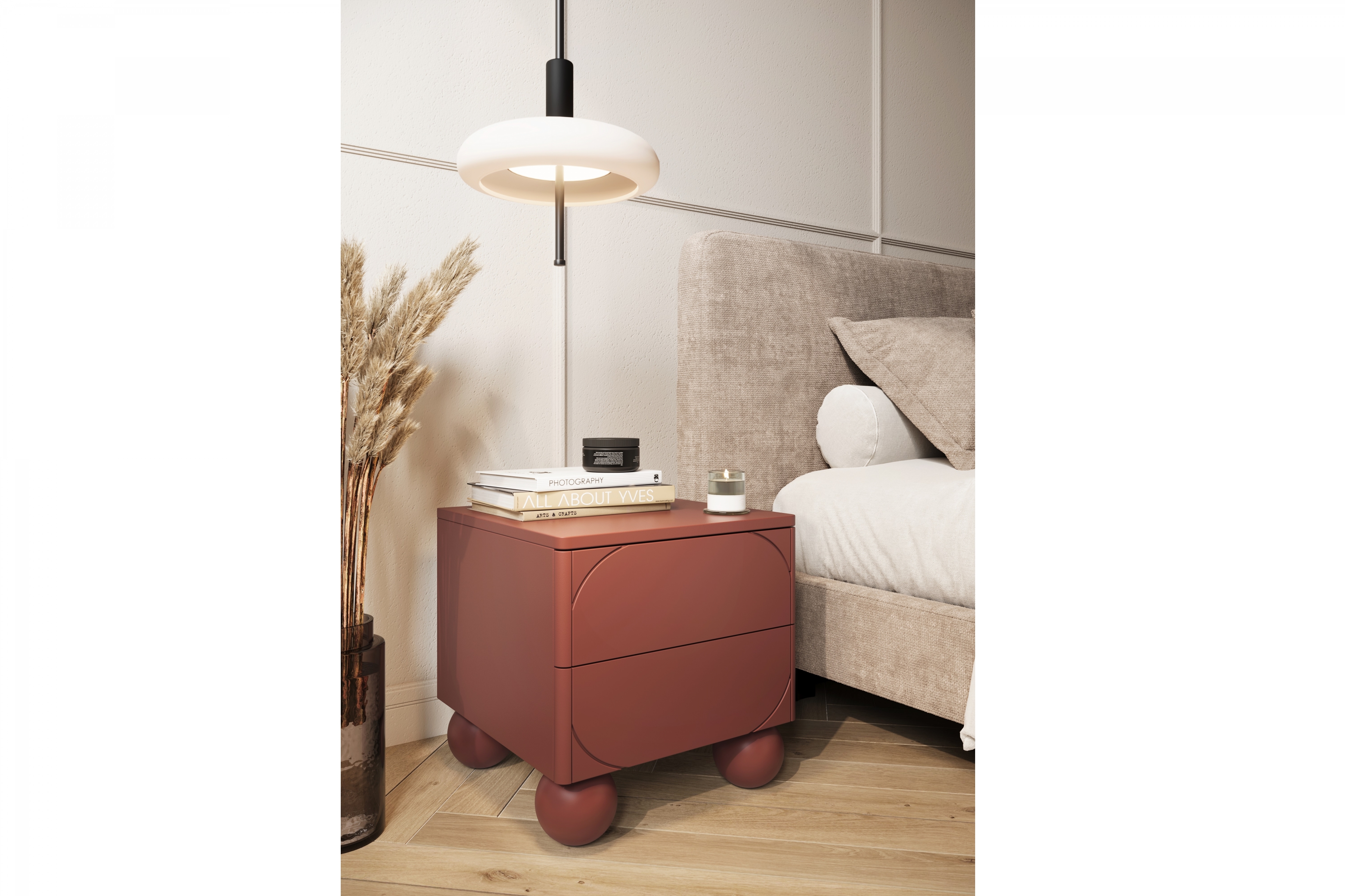 Szafka nocna z dwoma szufladami Sonatia II na nogach kulach 45 cm - burgund stolik nocny do sypialni