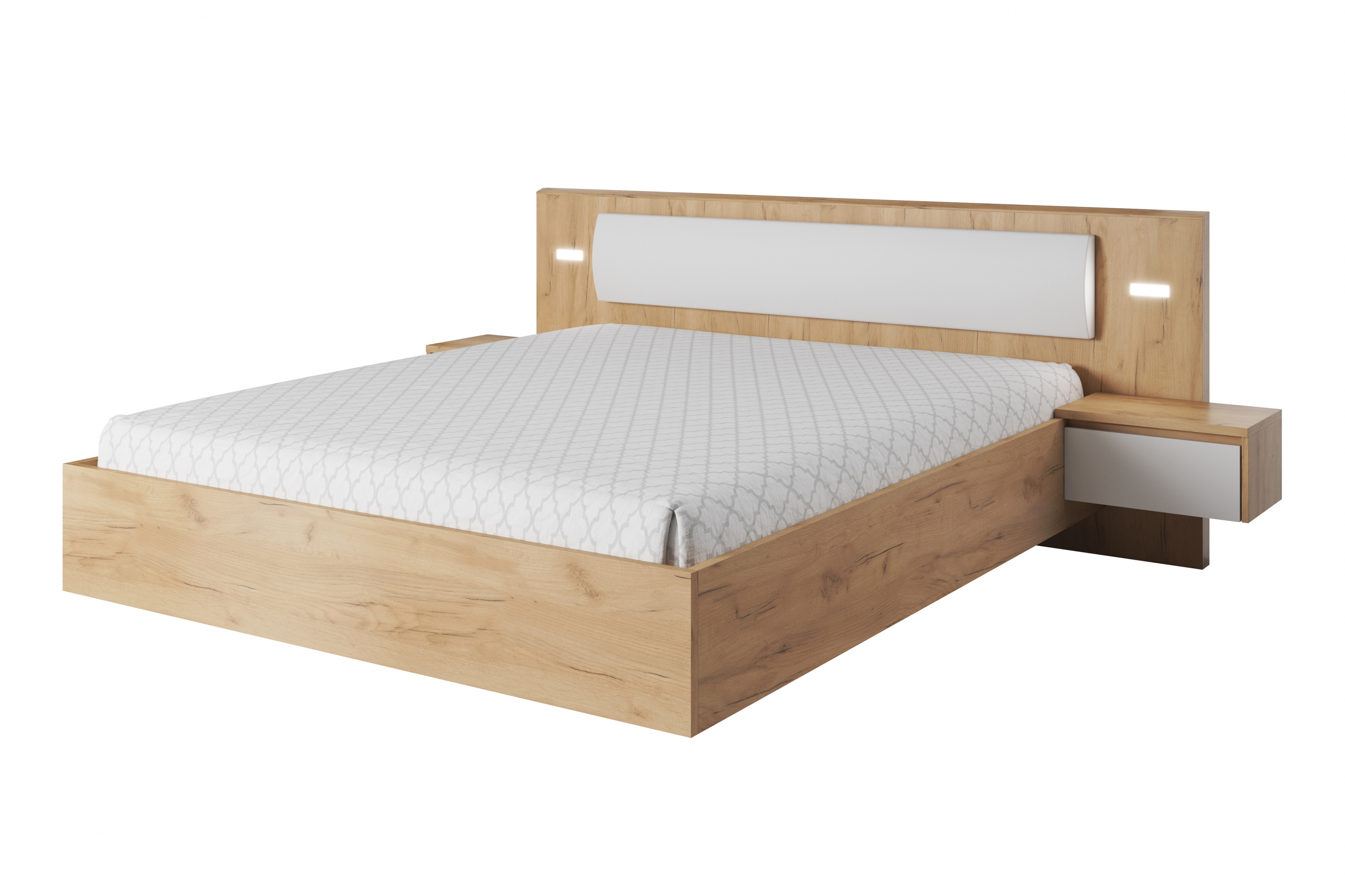 Łóżko sypialniane Elazo z szafkami nocnymi i oświetleniem 160x200 - dąb craft/biały Łóżko sypialniane Elazo z szafkami nocnymi i oświetleniem 160x200 - dąb craft/biały