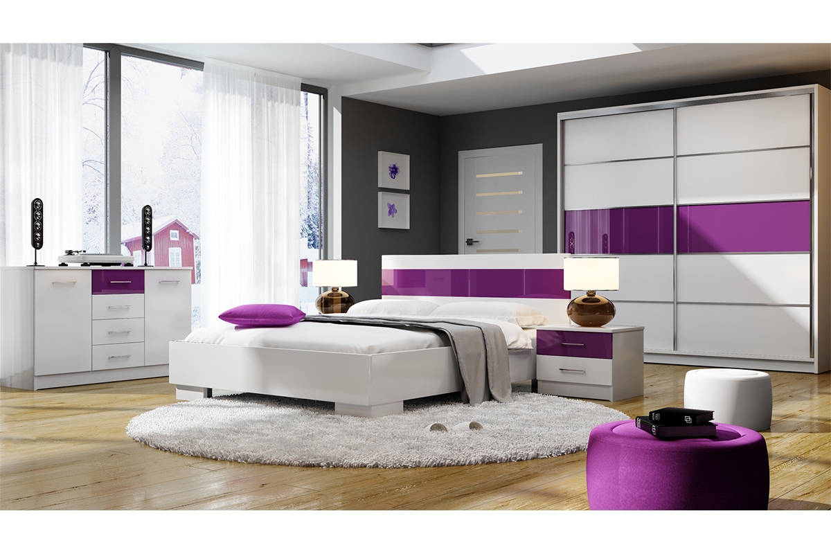 Łóżko sypialniane 160 x 200 Dubaj - biały / szkło jagodowe Łóżko sypialniane 160 x 200 Dubaj - biały / szkło jagodowe - aranżacja