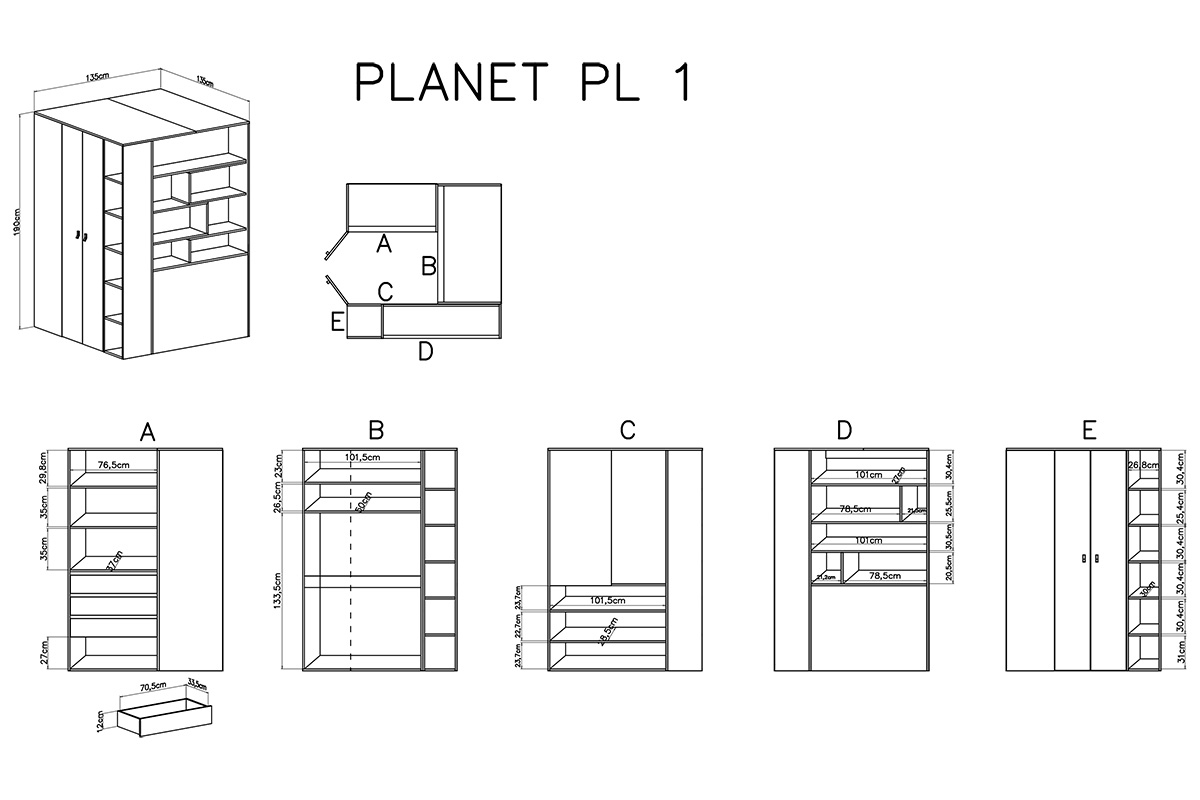Szafa narożna Planet 1 L/P - 135 cm - biały lux / dąb / morski Szafa narożna Planet 1 L/P - biały lux / dąb / morski - schemat