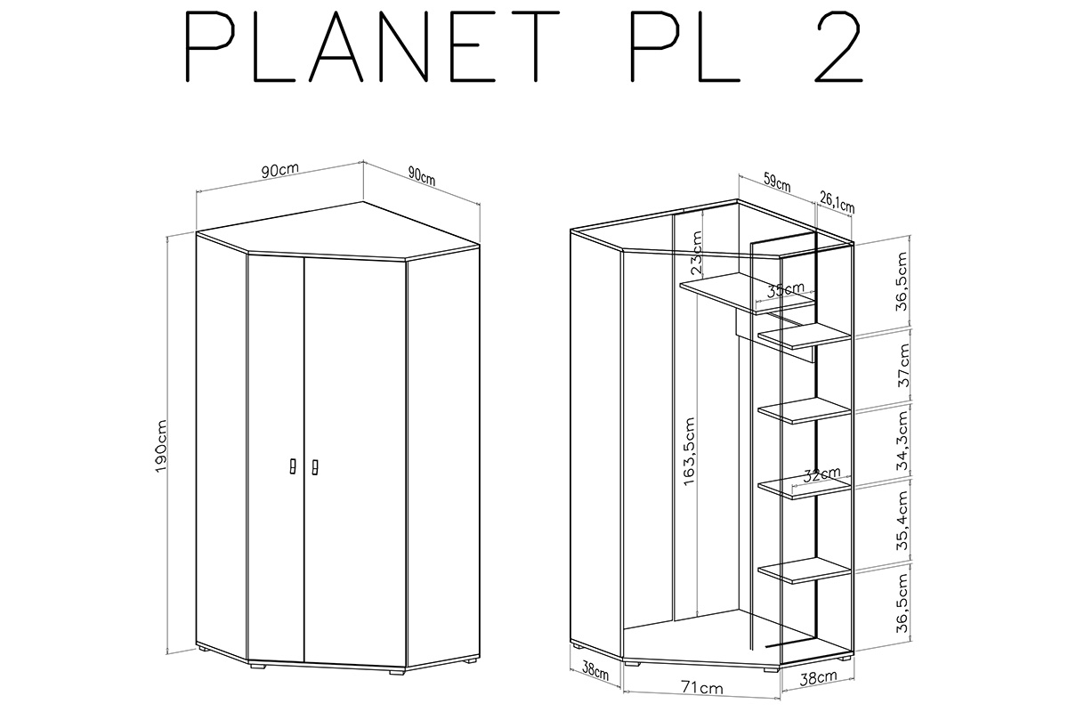 Szafa narożna Planet 2 L/P - 90 cm - biały lux / dąb / morski Szafa narożna Planet 2 L/P - biały lux / dąb / morski - schemat