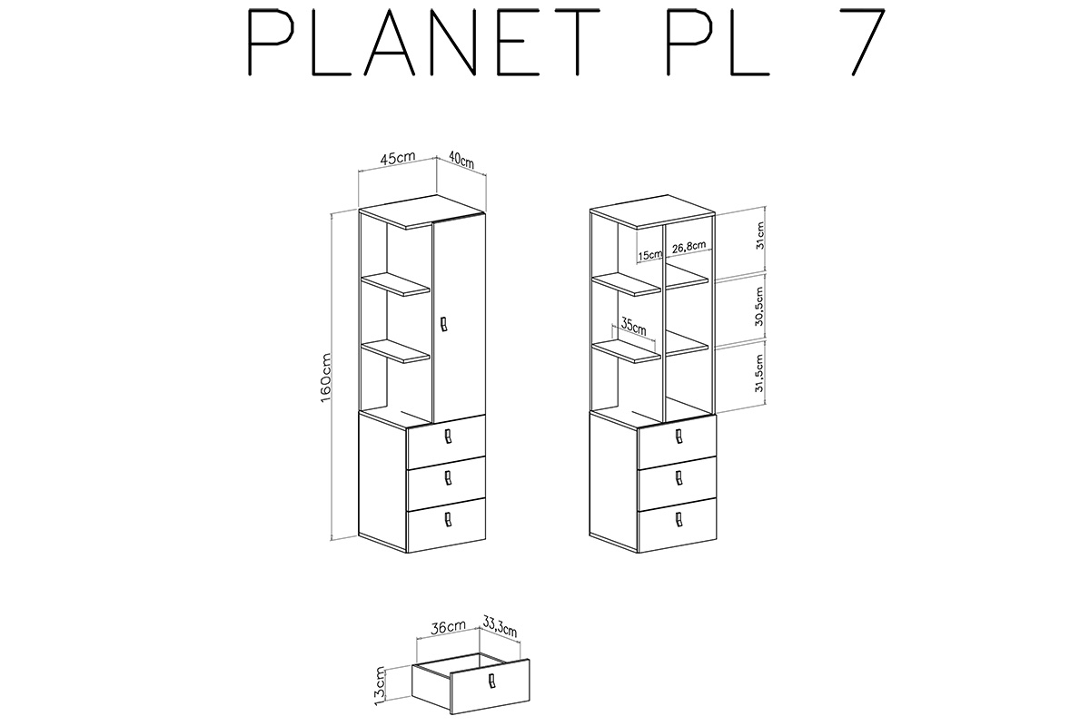 Regał Planet 7 z szufladami 45 cm - biały lux / dąb / morski Regał jednodrzwiowy z trzema szufladami Planet 7 - biały lux / dąb / morski - schemat