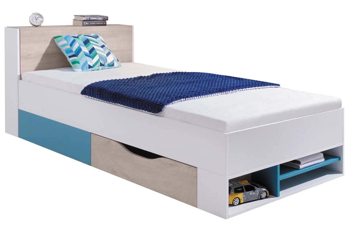 Łóżko młodzieżowe Planet 14 L/P - 90x200 - biały lux / dąb / morski białe łóżko do pokoju dziecka