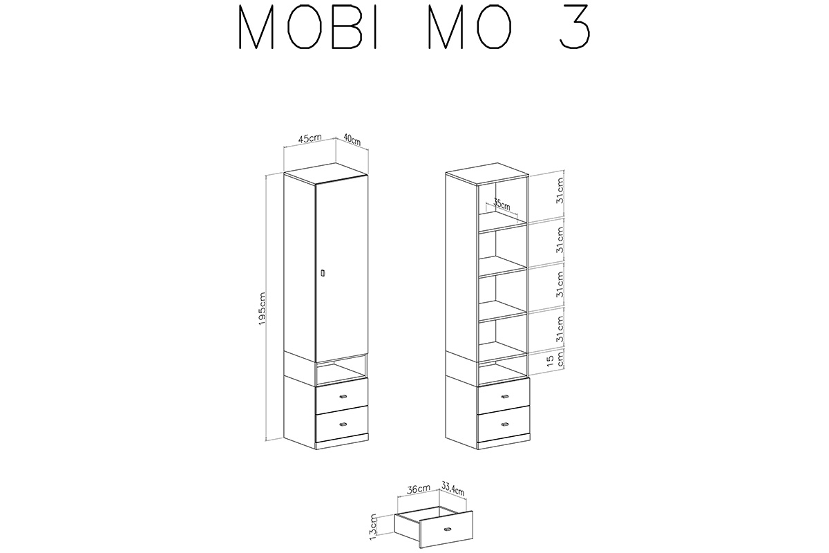 Regał Mobi MO3 L/P z szufladami 45 cm - biały / żółty meble mobi