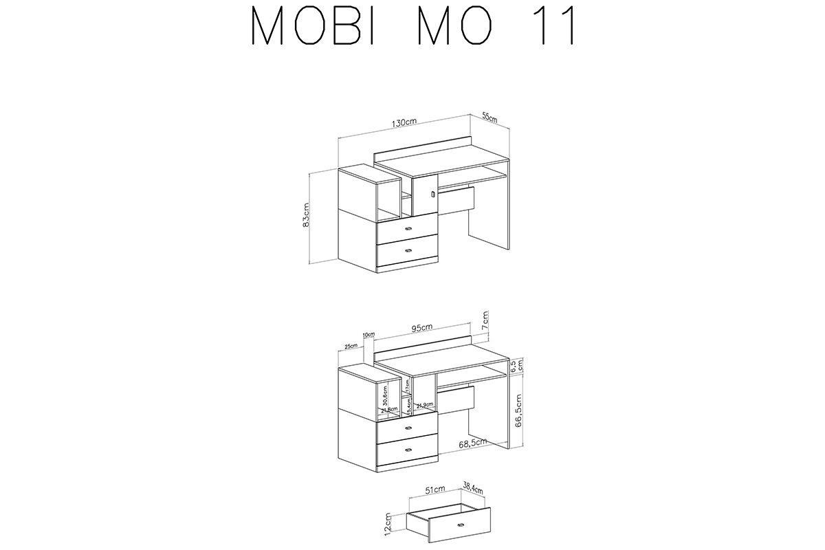 Biurko młodzieżowe Mobi MO11 z szufladami 130 cm - biały / żółty schemat biurka mobi