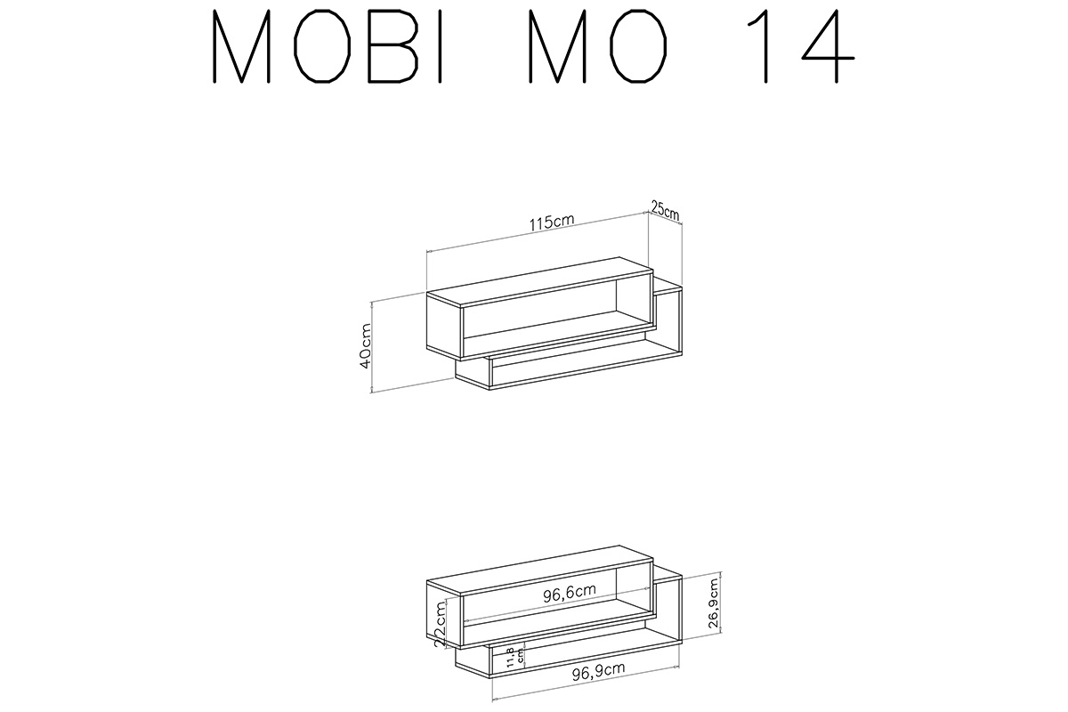 Półka wisząca Mobi MO14 - 115 cm - biały / żółty Półka wisząca Mobi MO14 - biały / żółty - wymiary