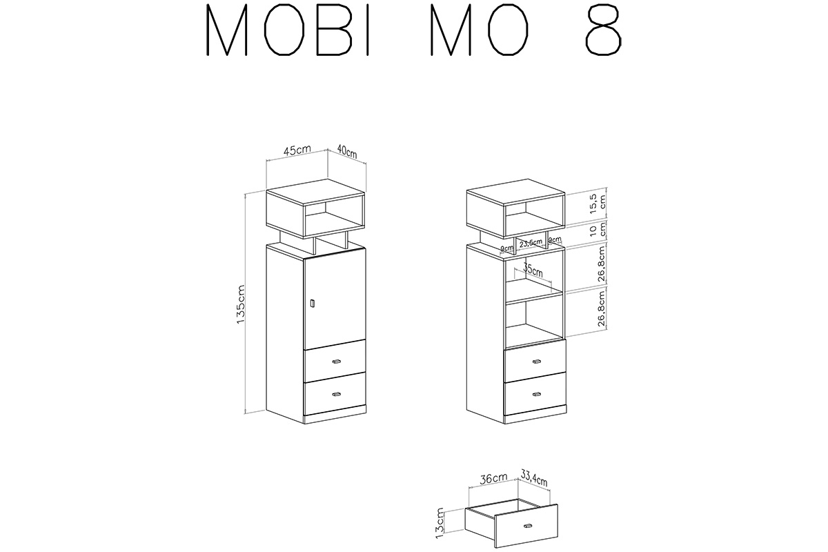 Regał młodzieżowy Mobi MO8 L/P z szufladami 45 cm - biały / żółty wnętrze mobi 8
