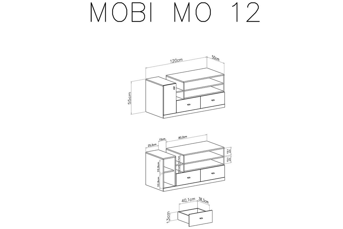 Szafka RTV Mobi MO12 z szufladami 120 cm - biały / żółty wnętrze szafki rtv mobi