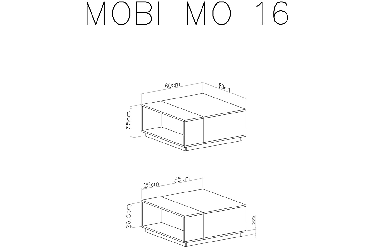 Stolik kawowy Mobi MO16 z wnęką 80 cm - biały / żółty Ława Mobi MO16 - biały / żółty - stolik - schemat