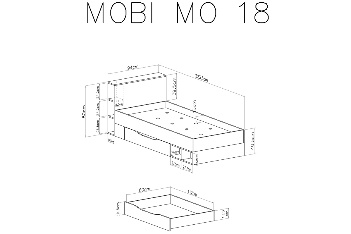 Łóżko młodzieżowe Mobi MO18 90x200 - biały / żółty Łóżko dziecięce MO18 Mobi - biały / żółty - schemat