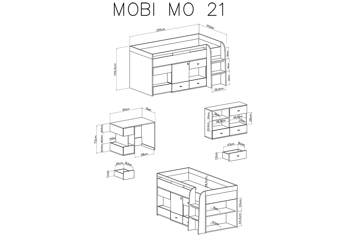 Łóżko piętrowe Mobi MO21 z biurkiem 90x200 - biały / żółty Łóżko piętrowe 90x200 z biurkiem i szafkami Mobi MO21 - biały / żółty - schemat