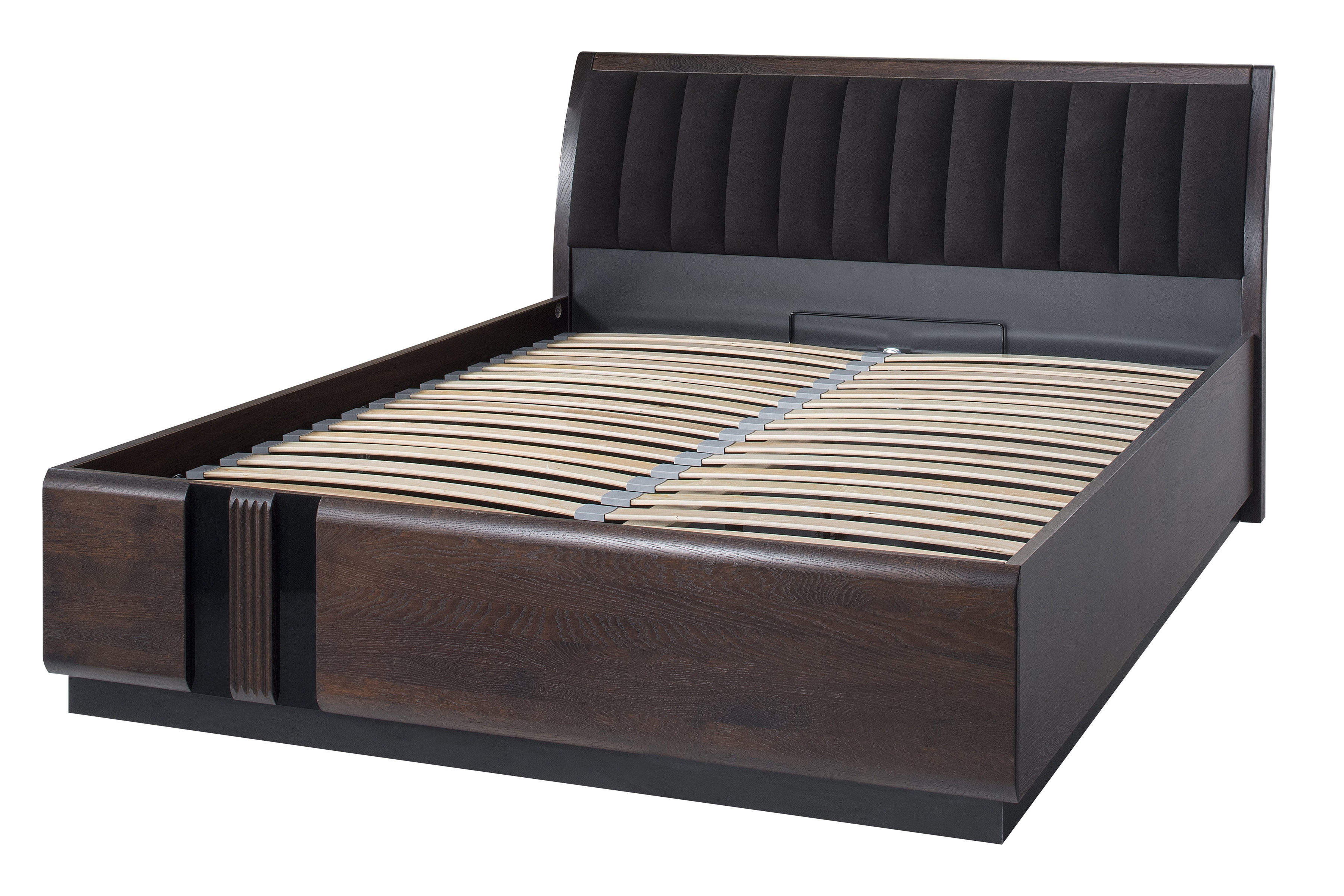 Drewniane łóżko Porti 76 z pojemnikiem 160x200 - dąb czekoladowy / czarny / Carabu 33 Drewniane łóżko Porti 76 z pojemnikiem 160x200 - dąb czekoladowy / czarny / Carabu 33