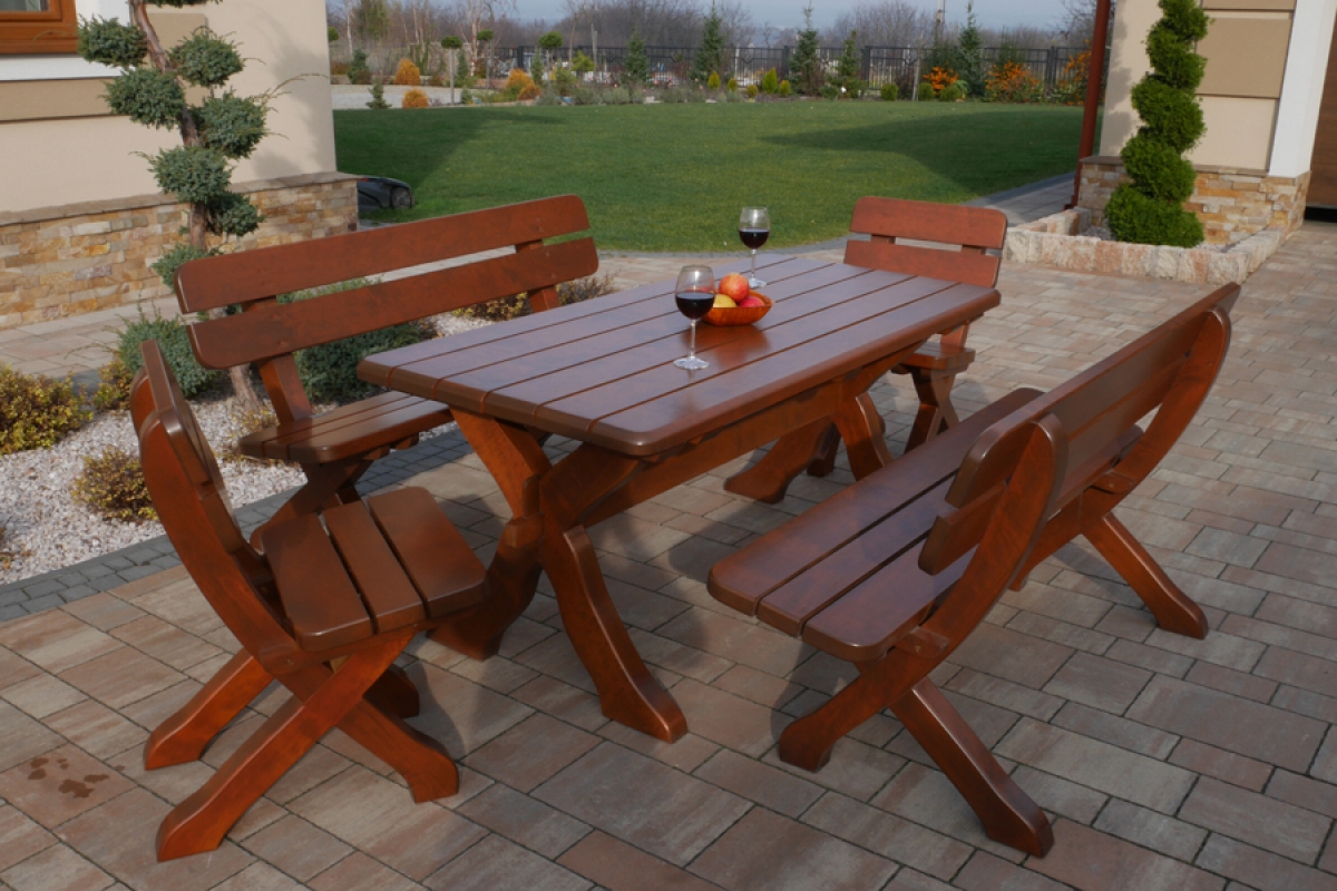 Zestaw mebli ogrodowych Excelent stół 160x72 cm + 2 krzesła + 2 ławki - cyprys komplet z drewna do ogrodu
