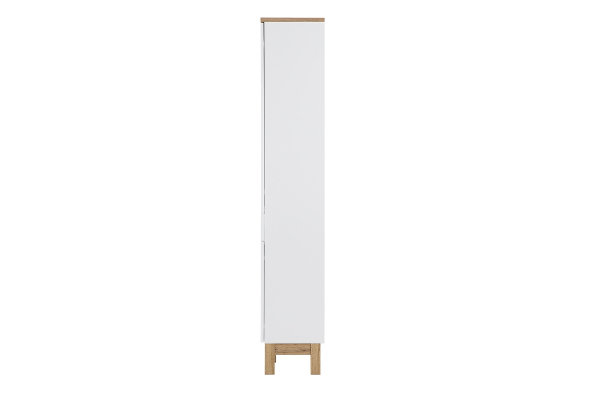 Wysoka szafka dwudrzwiowa z szufladą do łazienki Bali 35 cm - biały połysk/dąb wotan szafka do łazienki 