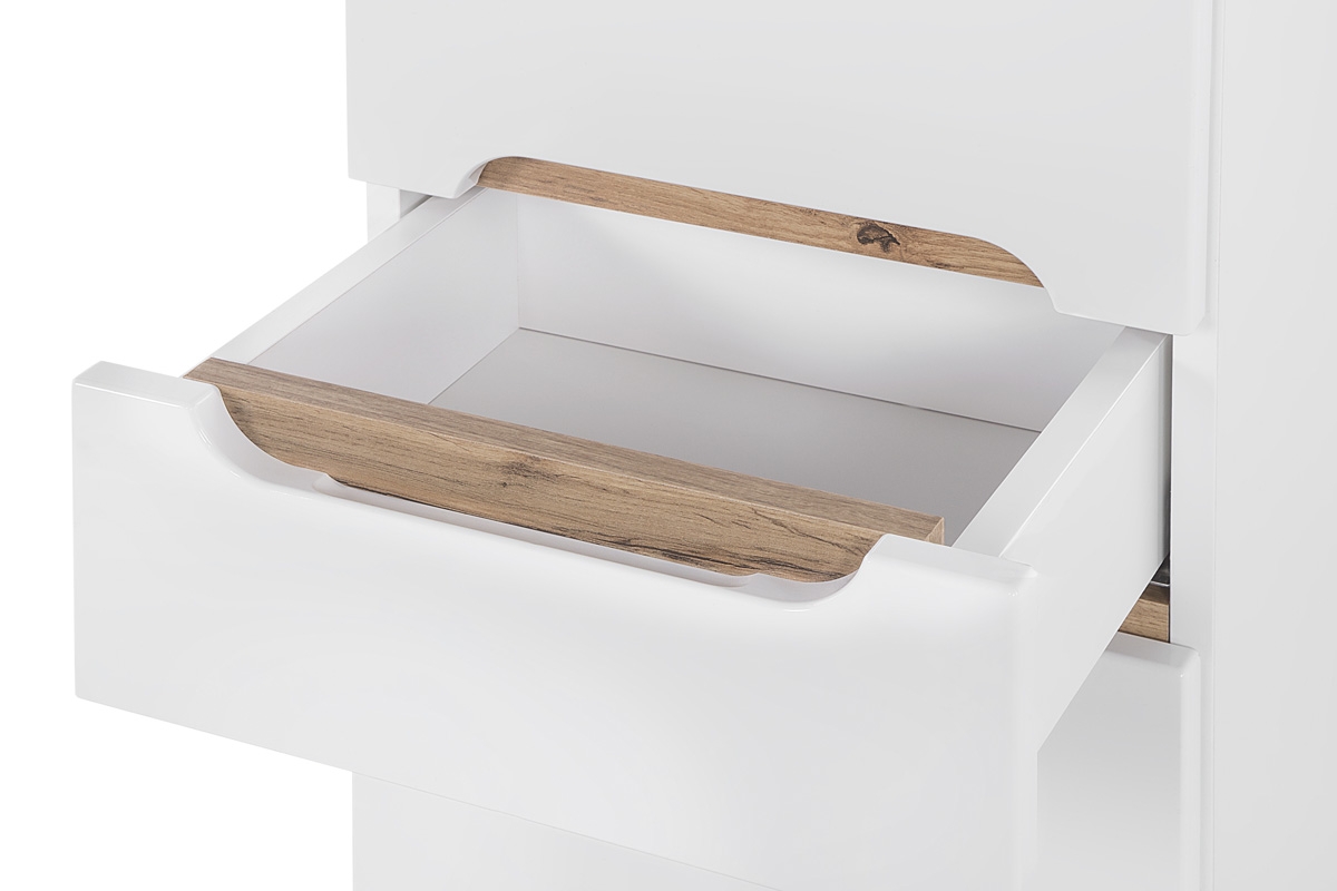 Wysoka szafka dwudrzwiowa z szufladą do łazienki Bali 35 cm - biały połysk/dąb wotan szuflada w szafce 