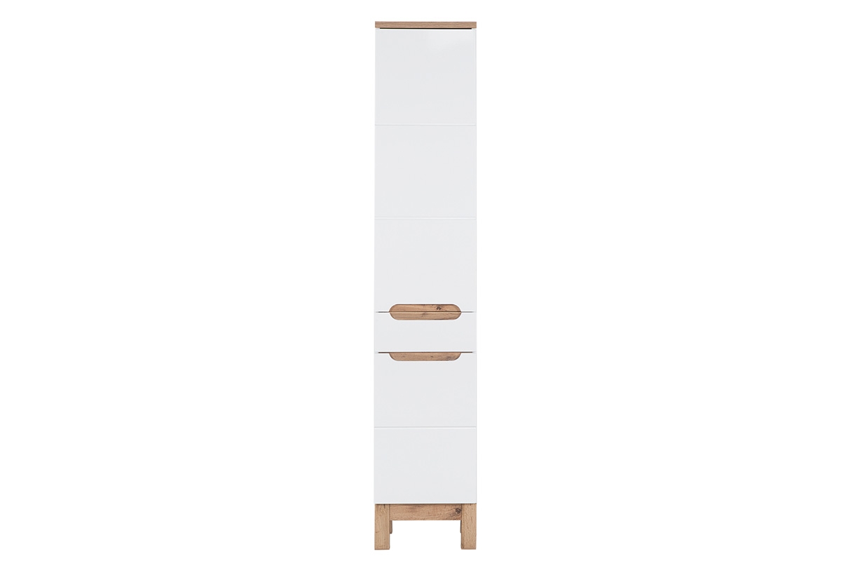 Wysoka szafka dwudrzwiowa z szufladą do łazienki Bali 35 cm - biały połysk/dąb wotan wąska szafka łazienkowa 