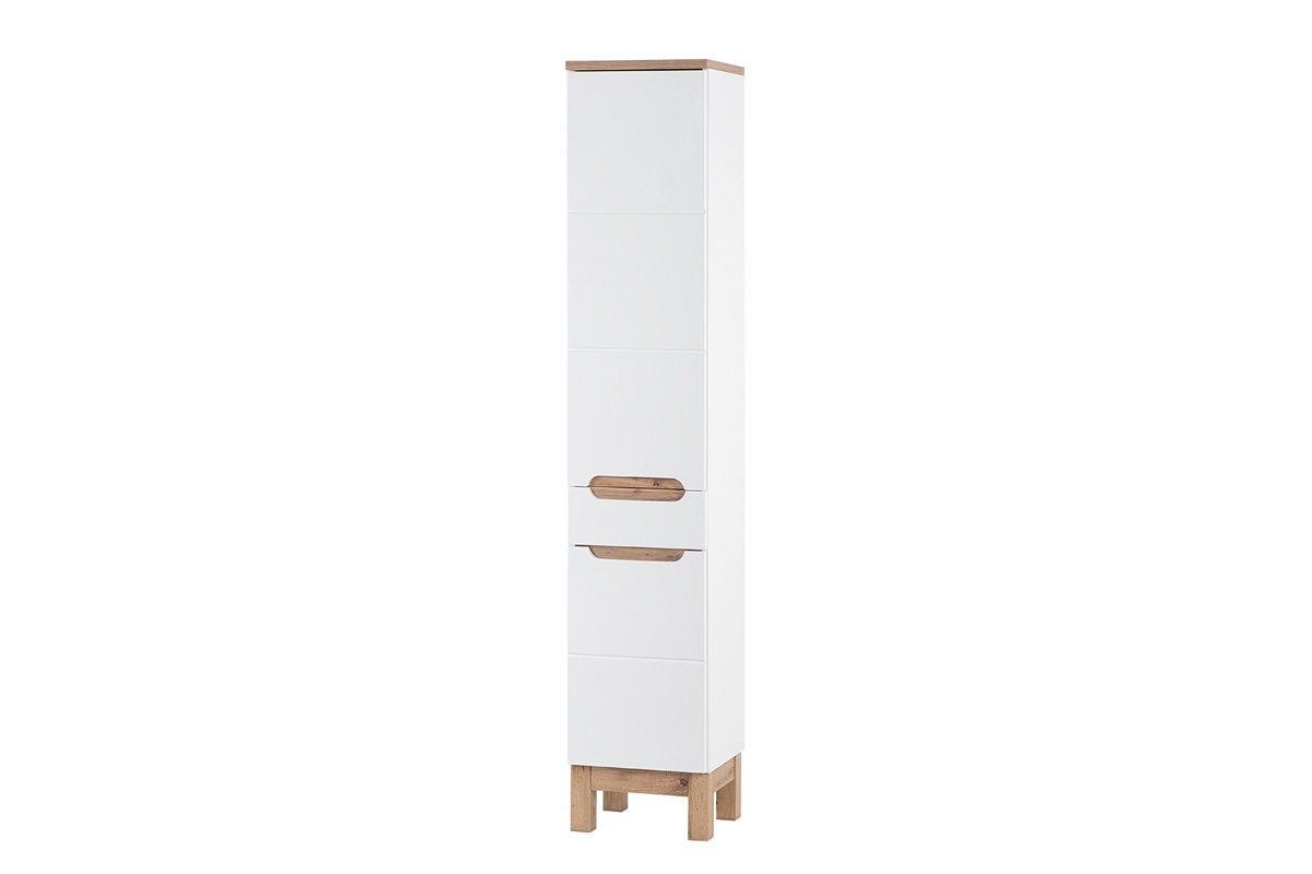 Wysoka szafka dwudrzwiowa z szufladą do łazienki Bali 35 cm - biały połysk/dąb wotan szafka łazienkowa Bali White 800