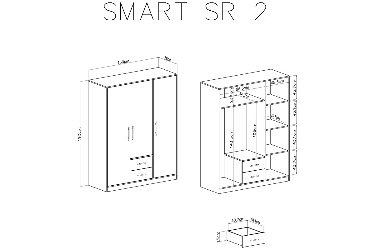 Szafa Smart SR2 z szufladami 150 cm - biały lux / dąb sonoma Szafa trzydrzwiowa z dwiema szufladami Smart SR2 - biały lux / dąb sonoma - schemat