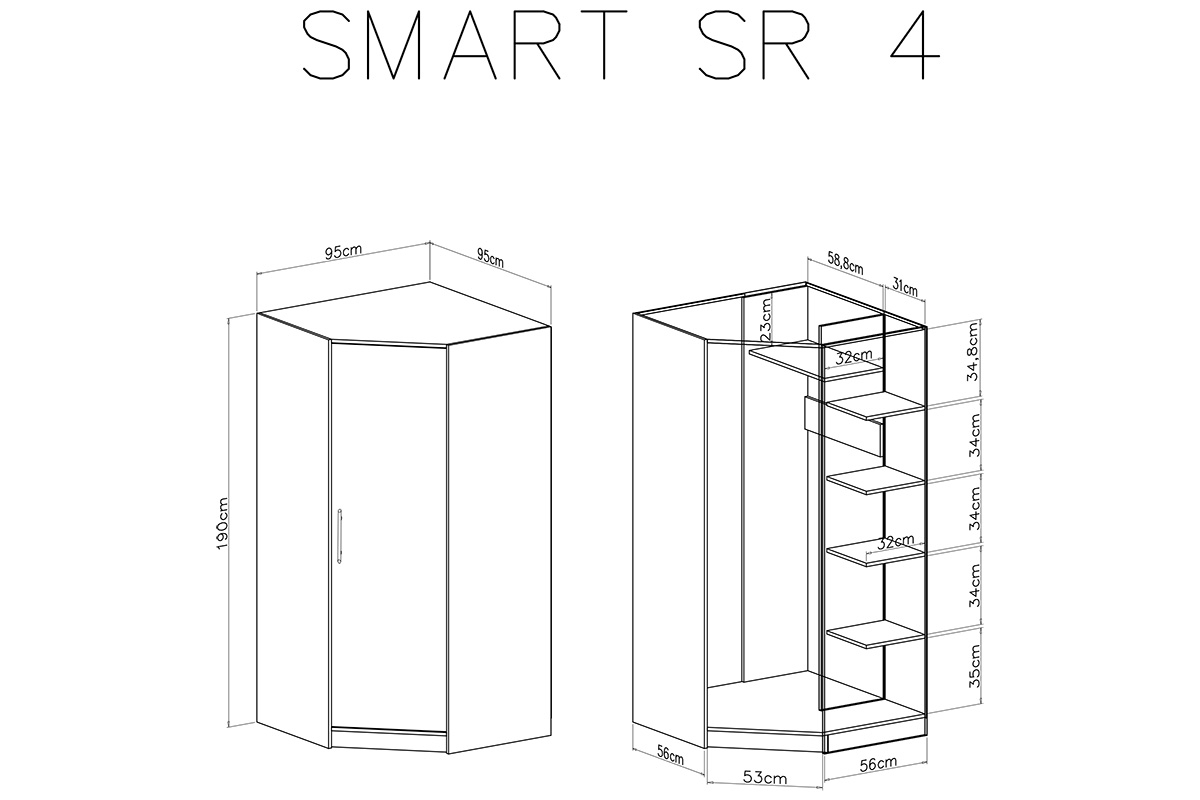 Szafa narożna Smart SR4 jednodrzwiowa 95 cm - biały lux / dąb sonoma Szafa narożna jednodrzwiowa Smart SR4 - biały lux / dąb sonoma - schemat