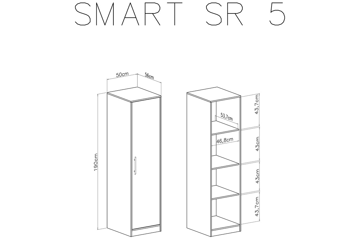 Szafa Smart SR5 - 50 cm - biały lux / dąb sonoma Szafa jednodrzwiowa Smart SR5 - biały lux / dąb sonoma - schemat