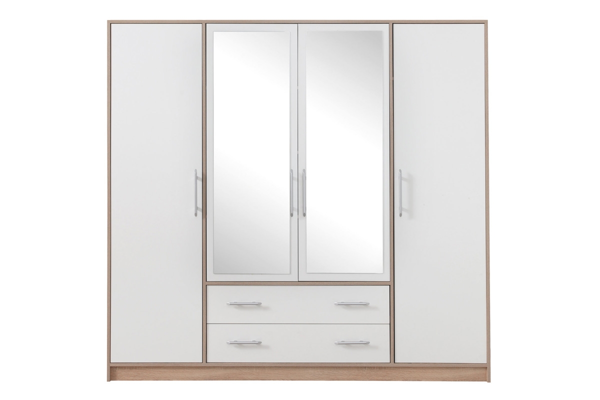 Szafa Smart SRL1 z szufladami i lustrami 200 cm - biały lux / dąb sonoma duża biała szafa
