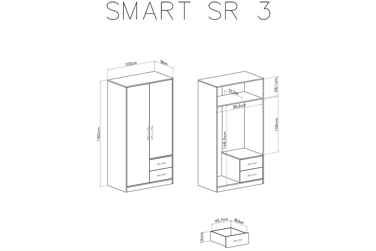 Szafa Smart SRL3 z szufladami i lustrami 100 cm - biały lux / dąb sonoma Szafa dwudrzwiowa z dwiema szufladami i lustrem Smart SRL3 - biały lux / dąb sonoma - schemat