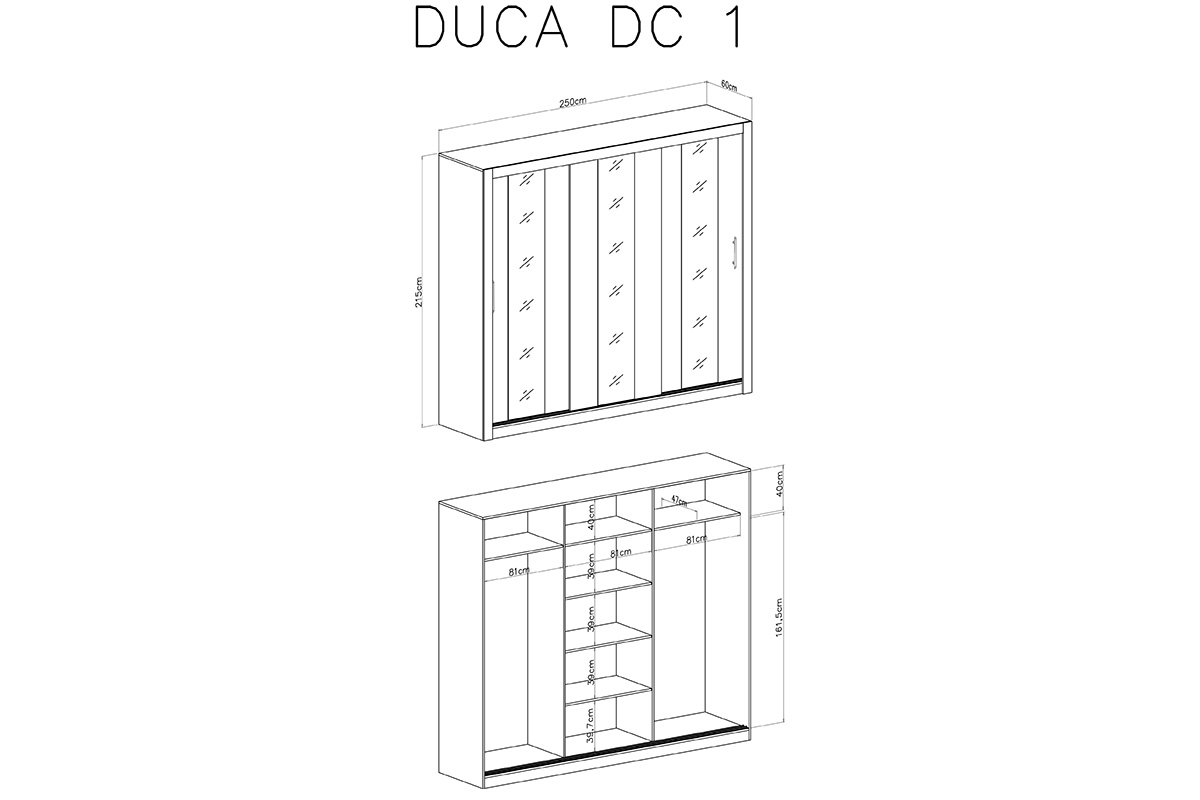 Szafa przesuwna Duca I z lustrami 250 cm - biały Szafa przesuwna trzydrzwiowa z lustrami Duca I 250 - biały - kolor biały lux - schemat