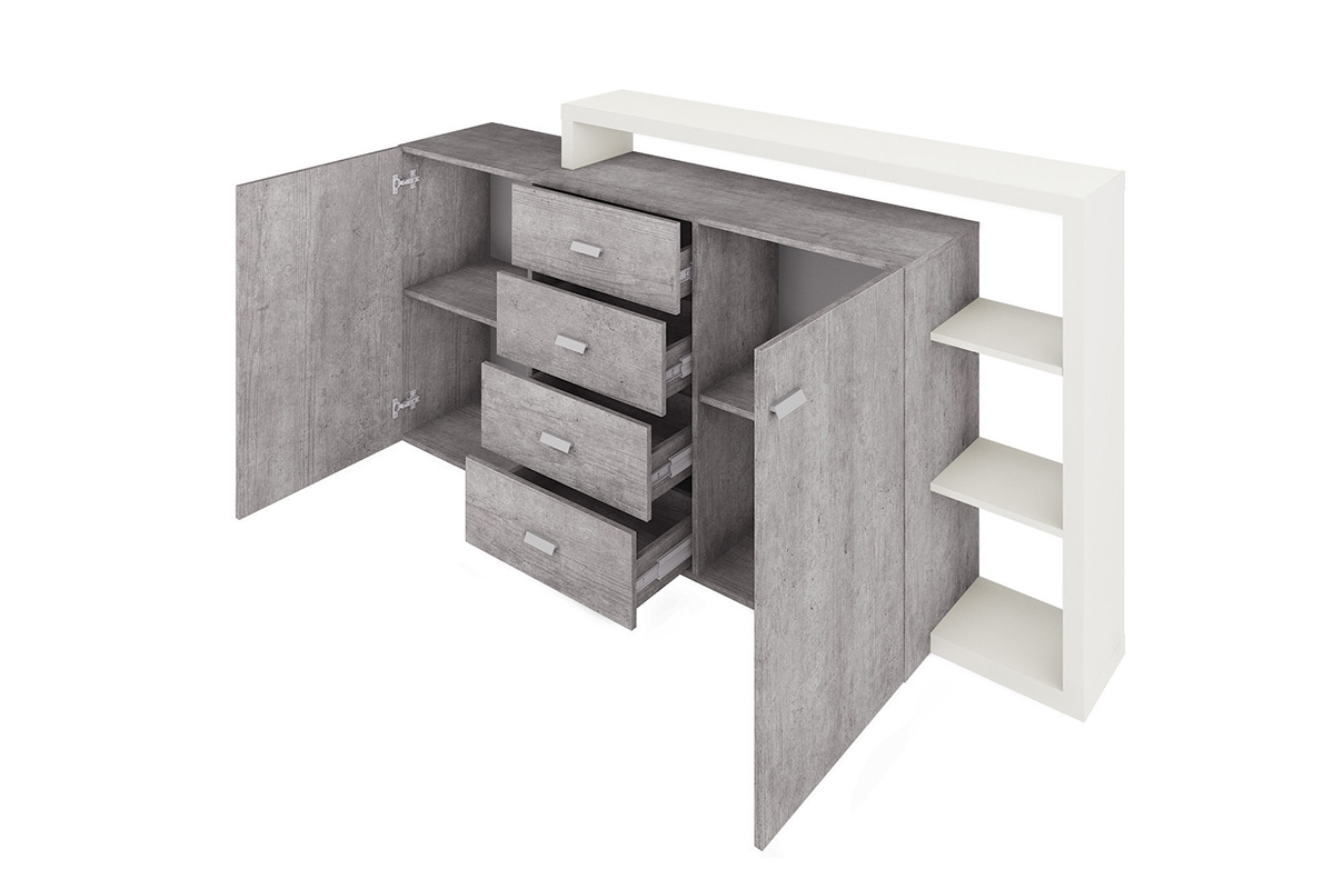 Dwudrzwiowa komoda Bota 27 z szufladami i nadstawką 180 cm - biały / beton colorado szara betonowa komoda